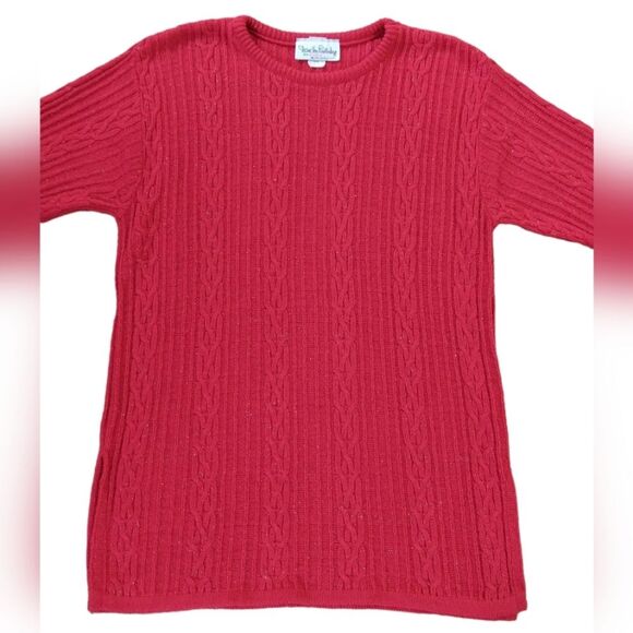 VINTAGE Diane Von Furstenberg Cable Knit Red Metallic Tunic Sweater - Picture 2 of 9